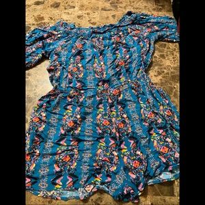 Teal blue off the shoulder floral romper